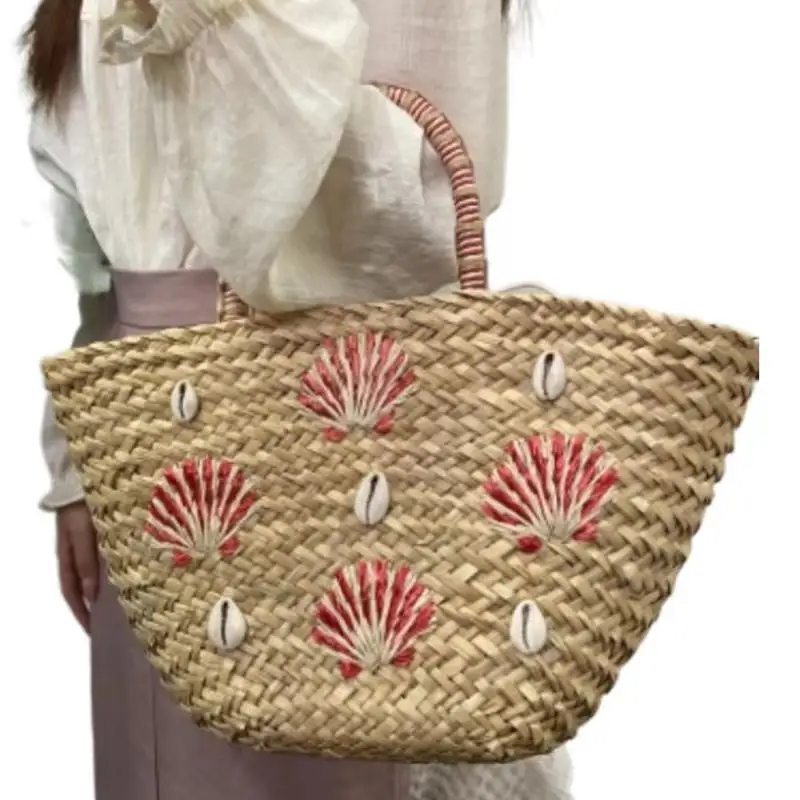 High Quality Natural Handmade Shell decoration Woven Tote Beach Handbags Women Basket Large Capacity Beach Purse Bag