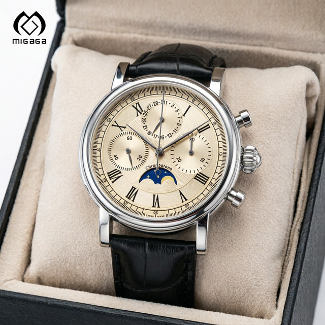 Migaga Factory Price Japan Movement Moon Phase Watch With Date Display Business Montre Homme Leather Strap Fashion Quartz Watch
