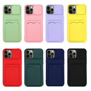 For iPhone 15 Pro Max Slider Camera Cover Lens Protector Card Holder Candy Color Soft TPU Silicone Case For iPhone 14 13 12 11 8