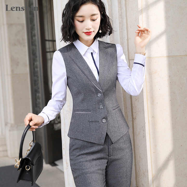 Wholesaler 2 Piece Set Formal Gray Vest Pant Suit Women Sleeveless Jacket Office Lady Business Wear - Buy Solid Pant Suit,Women Pant Suit,Office Lady