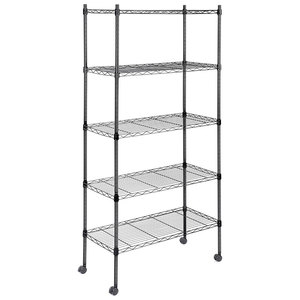 5-tier <b>adjustable</b> wire mesh storage rack, made of black carbon steel, with wheels, <b>adjustable</b> <b>shelf</b> height, lightweight storage - Product Image 1