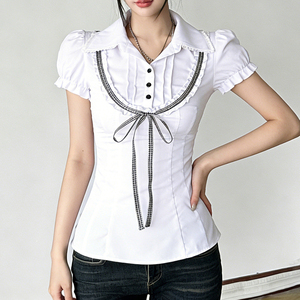 Chemisier plissé à col roulé et nœud contrastant pour femme, style preppy estival, manches courtes, couleur unie, décontracté - Product Image 5