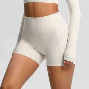Shorts de yoga taille haute avec poches, sans coutures, couleur unie, en spandex et polyester, séchage rapide, logo sur la taille - Product Image 3