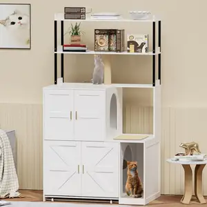 Large Double Cat Cabinet Hidden Cat Litter Box Enclosure Furniture With 2 Shelves Storage