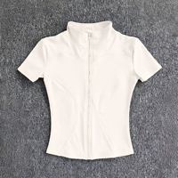 En stock : Veste de yoga pour femme à col montant, fermeture éclair intégrale, manches courtes, coupe ajustée, séchage rapide, idéale pour la gym, la course et l'entraînement sportif