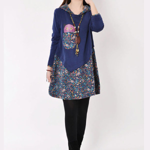 Women's Loose Hooded Long Sleeve Dress Floral Splicing Asymmetric Casual Wear Plus Size Korean Style Sporty Dress - Product Image 3