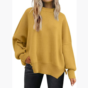 Elegante maglione europeo da donna autunno Casual a maniche lunghe lavorato a maglia con spacco laterale e dettaglio di scrollate di spalle - Product Image 1