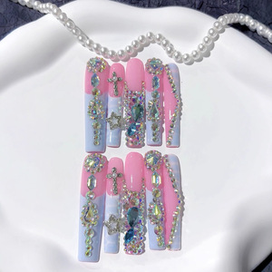 เล็บปลอมแบบยาวสไตล์ฝรั่งเศสประดับเพชรลายผีเสื้อสีชมพูม่วงสุดฮิตขายดีข้ามประเทศ 50 ชิ้น - Product Image 2