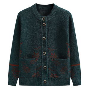 Flauschiger Jacquard-Strick Herbst- und Winter-Freizeitpullover mit Langen Ärmeln für Ältere Damen Tägliche Kleidung mit Taschen Warmer Pullover für Frauen - Product Image 1