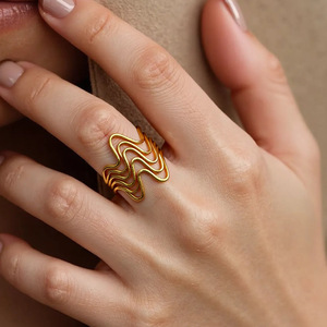 18K Gold Plated Stainless Steel <b>Ring</b> - Hollow Design Open <b>Adjustable</b> Band | Trendy Women's Fashion Jewelry - Product Image 1