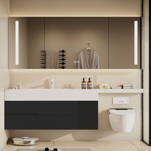 Mobile Bagno con Lavabo Singolo da 56 Pollici e Oltre, Stile Minimalista Elegante, Lavabo Integrato in Pietra Ingegnerizzata - Product Image 2