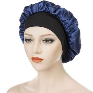 Bonnet en satin noir de 30 cm avec bordure en soie, bonnets de chimiothérapie avec large bande élastique, bonnets de nuit pour femmes - Product Image 2