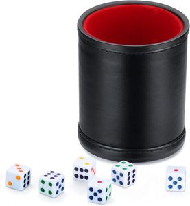 Tasse à dés en cuir doublé de feutre Ensemble de tasses à dés professionnelles avec 6 dés en plastique de 16mm Intérieur silencieux Shaker pour jeux Yahtzee - Product Image 4