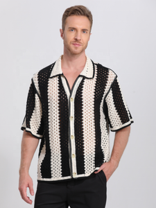 <span class=keywords><strong>Cardigan</strong></span> en tricot <span class=keywords><strong>vintage</strong></span> pour <span class=keywords><strong>homme</strong></span> - Motif floral ajouré au crochet, manches courtes, respirant, décontracté, idéal pour l'été - Product Image 1
