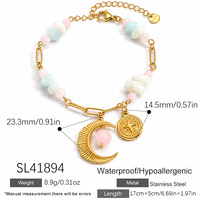 Collier pendentif empilable délicat en acier inoxydable plaqué or 18 carats avec pierre naturelle et pièce de monnaie lune, style bohème