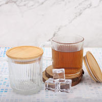 Tasses à café modernes en verre avec couvercle en bambou, poignée en verre, design à rayures verticales, sans BPA, résistantes à la chaleur, transparentes, pour le thé, l'eau, usage domestique