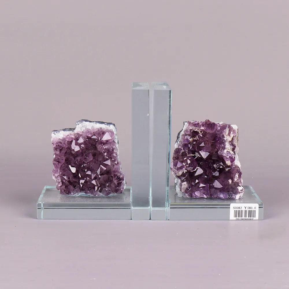 L Vorm Purple Amethyst Cluster Geode Druzy Moderne Clear K9 Glas Acryl Base Crystal Boek Eindigt Boekensteunen Goedkope Te Koop