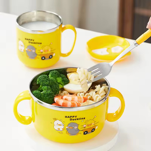 ชุดชามอาหารเด็กอนุบาล 304 เกรดอาหาร ชามอาหารเสริมป้องกันการตก ช้อน ส้อม และแก้วน้ำ ชุดอุปกรณ์บนโต๊ะอาหาร - Product Image 2