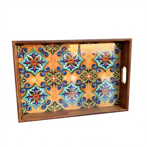 Modern Wooden <b>Serving</b> <b>Tray</b> with Mediterranean Enameled <b>Trays</b> Decorative Vintage <b>Wood</b> Tea Coffee Platter for Home & Hotel By UO - Product Image 1