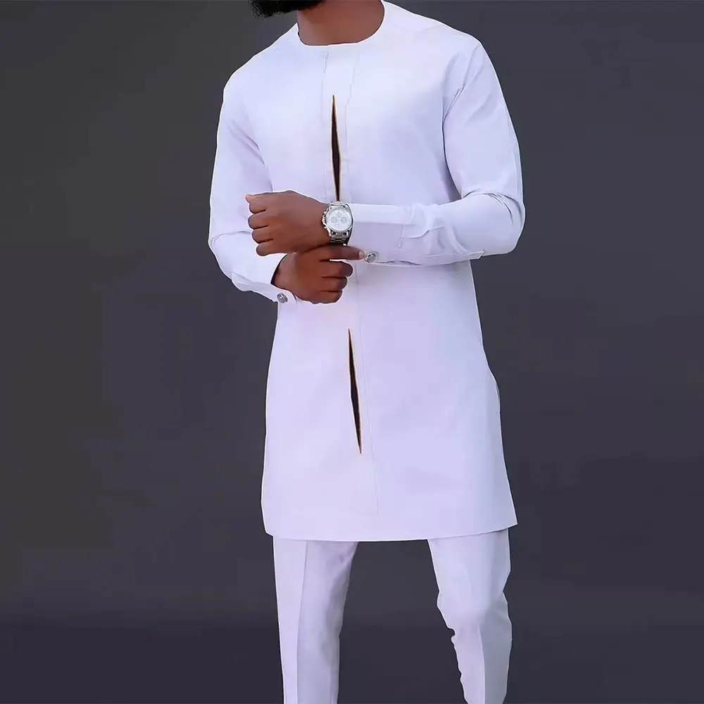 Africa new ethnic style Muslim fashion casual solid color plus size robe+long pants two pieces sets Islamic clothing men suits