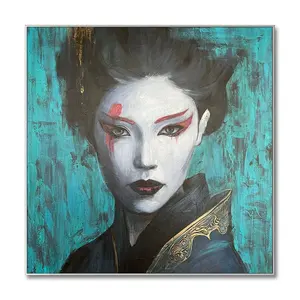 Abstract Original Female geishe Oil Painting Japanese Art Figurative Painting Green Geisha Wall Art Decor for Living Room