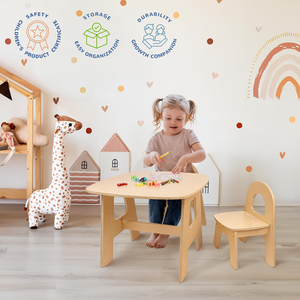 Table en bois de couleur naturelle pour tout-petits avec 2 chaises, ensemble d'activités pour enfants pour l'art, le jeu et l'artisanat, pour les enfants de 1 à 7 ans, chaise à dossier arrondi - Product Image 2