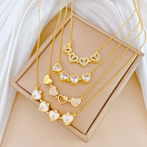 Kalung Hati Bersambung Trendy Liontin Semanggi Baja Titanium Berlapis Emas Rantai Link 2 Cara Pakai Perhiasan Kristal Penuh - Product Image 2