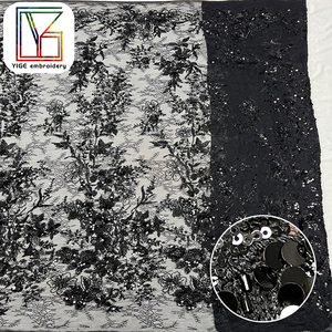 Sang Trọng Pháp Đám Cưới Màu Đen Sequin Hạt Lưới Ren Vải Nặng Đính Cườm Thêu Bridal Tulle Ren Vải Cho Buổi Tối Dresses - Product Image 3