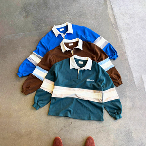 Chemises polo rugby surdimensionnées à manches longues et boutonnées pour hommes, en coton 100% French Terry rayé, personnalisées - Product Image 3