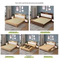Cama Doble Nórdica con Marco de Roble Macizo y Luz USB, Estructura Resistente Desmontable para Dormitorio de Apartamento Moderno