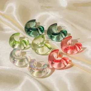 Anting-anting setengah bulat transparan, anting-anting bahan Resin ramah lingkungan, anting C warna permen untuk wanita