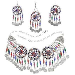 波西米亚民族复古耳环项链套装长流苏硬币彩色精美图案女饰品套装