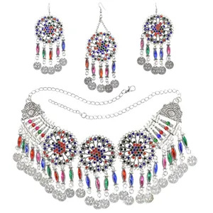 Böhmische ethnische Vintage Ohrring Halskette Set lange Fransen Münze bunte exquisite Muster Schmuck Set für Frauen Mädchen