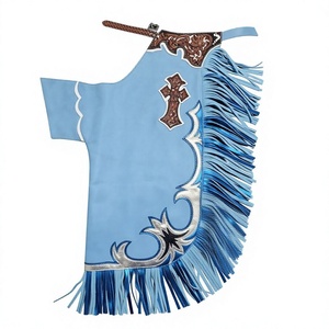 Chaps de Rodeo en Cuir Floral Personnalisés Faits Main avec Motif Croisé |   Chaps de cow-boy bleu ciel et argent métallisé pour la pratique du bull riding - Product Image 1