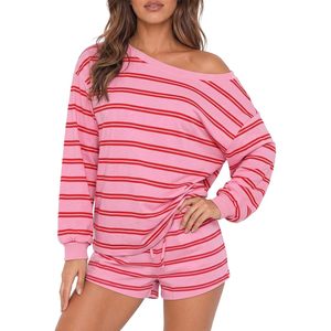 Ensemble de détente rayé à manches longues pour femme, avec haut épaules dénudées et short oversize à cordon de serrage, tenue décontractée d'été pour la nuit - Product Image 1