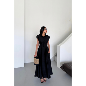 Vestido de Noche de Lino Jacquard en Negro con Abertura Frontal y Bolsillos - Product Image 2