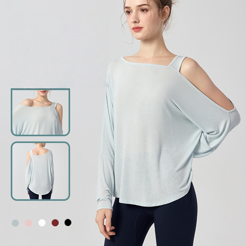Women's Thin Solid Color Breathable Sportswear Lightweight Knitted Off-the-Shoulder Long-Sleeve Sports T-Shirt Loose Yoga Top