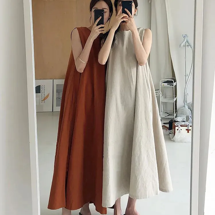 Dress Maxi Vintage longgar wanita, Gaun panjang Linen kasual kustom modis OEM