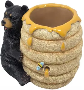 Polyresin/ Resin Dekorasi Beruang Hitam Dalam Sarang Madu Pot Alat Makan Pegangan Wadah Tampilan Berdiri Patung Meja