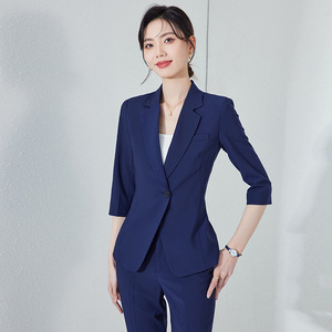 Women's Navy Blue Three Quarter Sleeve Suit Set Polyester Anti-Wrinkle Office Lady Summer Formal <b>Work</b> Uniform - Product Image 1