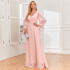 Robe longue de demoiselle d'honneur élégante en mousseline unie avec dentelle, écologique, à manches longues, pour femme, collection automne, vente en gros - Product Image 6