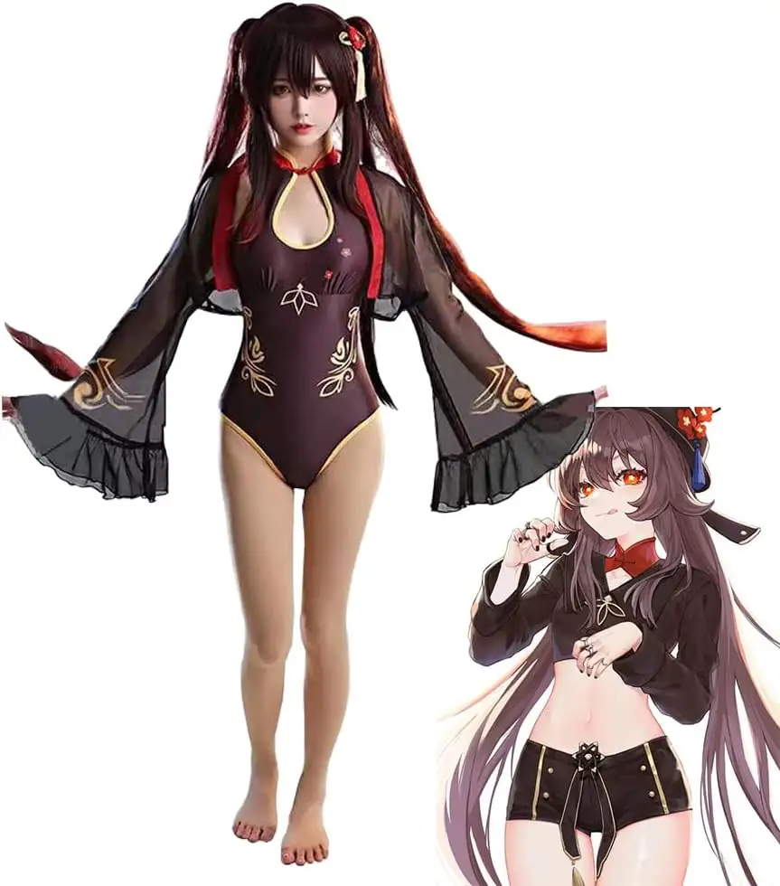 Genshin Impact Cosplay Costume for Girls/Women Halloween Carnival Suit featuring Hu Tao Swimsuit with Pants Top and Cloak