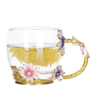 Tazas de té de flores rosas mariposa esmaltadas creativas con mango decorativo tazas de café de cristal con cuchara juego de regalo para el día de la madre