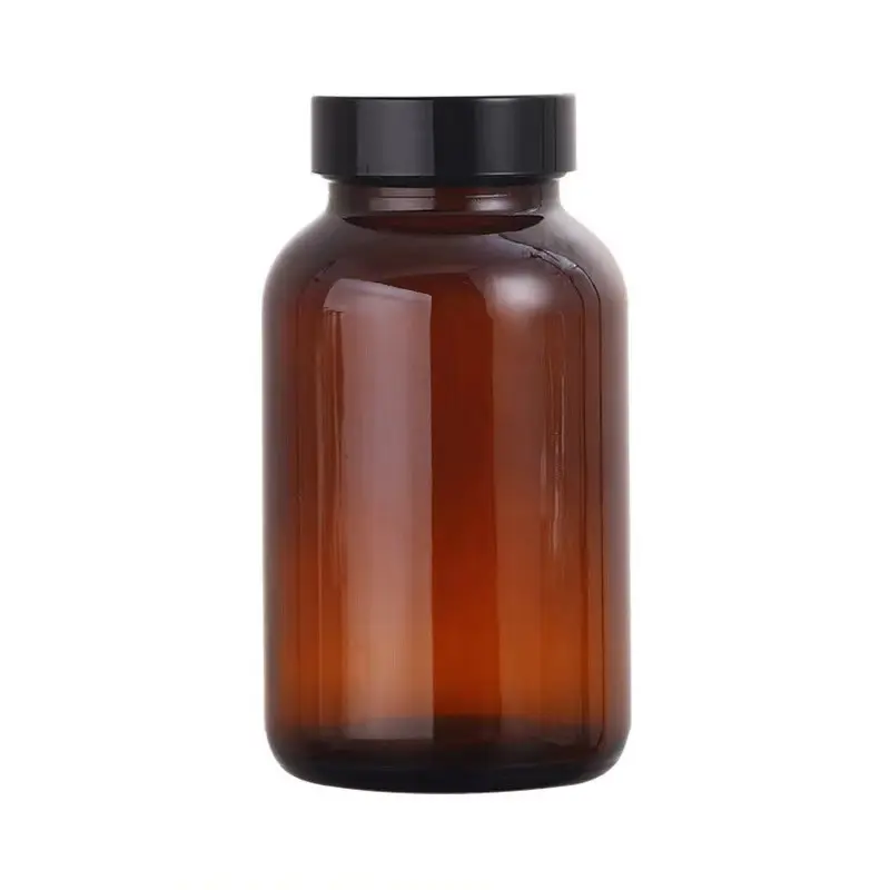 100m 200ml 250ml 300ml 500ml Amber Round Recycled Weithalsglas-Kapsel flasche mit Kunststoff-Schraub verschluss für Labor medizin pillen