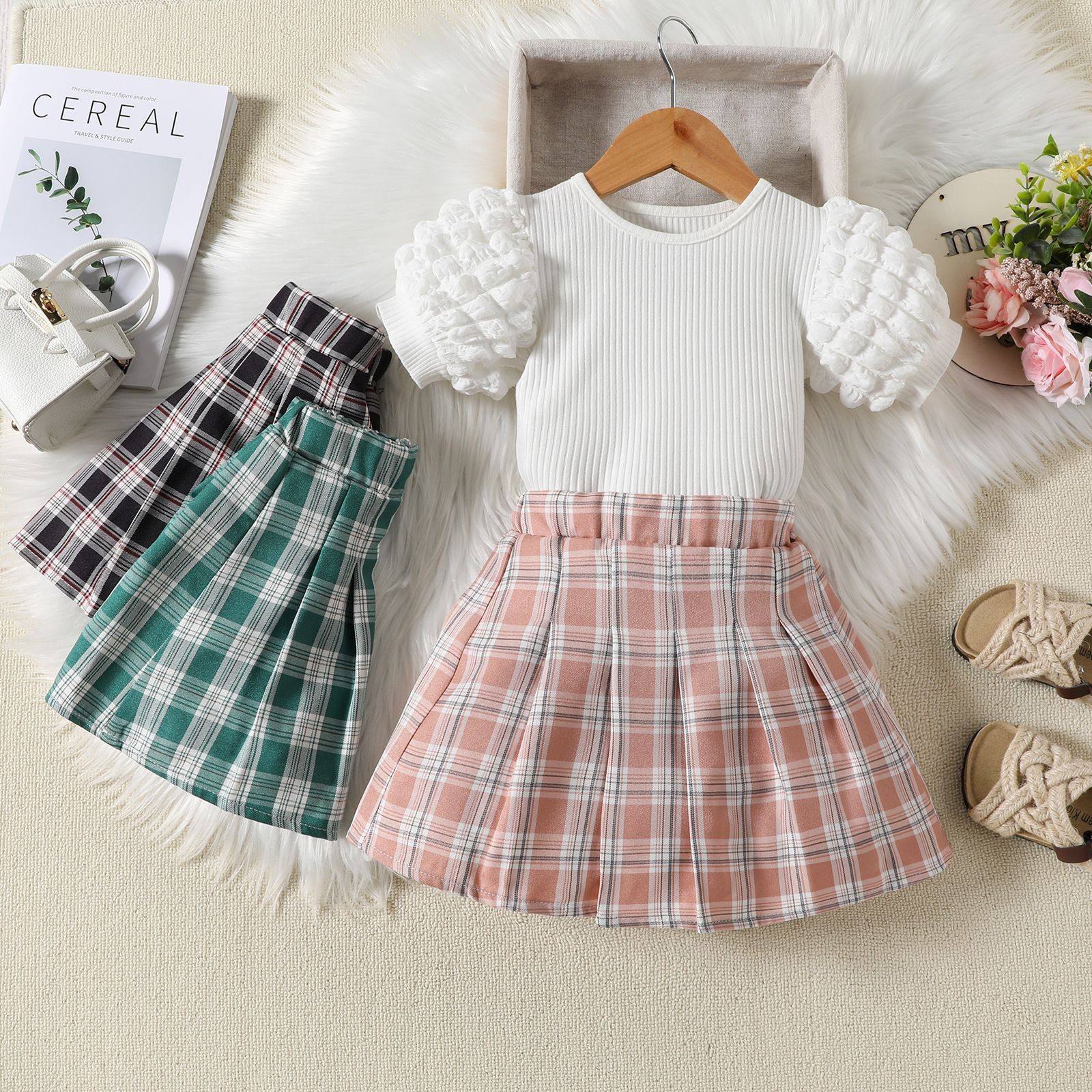 Children's Clothing Summer Pullover Short Sleeve White Top Plaid Skirt 2PCS  Girls Suit Sweet Girls Dresses