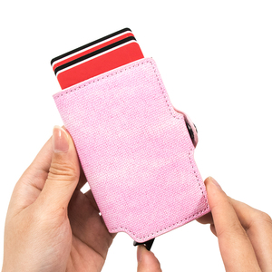 Portefeuille intelligent rose avec blocage RFID, nouveau design 2024, étui pour cartes de crédit en denim et cuir, fin et minimaliste, porte-cartes en aluminium à ouverture automatique - Product Image 5