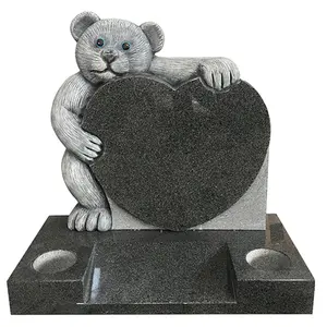 Custom Antique Carved Baby Child Jet Black Granite Tombstones Headstones Memorial Stone with Single Bear Heart For Cemetery