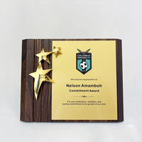 Plaque de récompense en bois personnalisée avec ornement étoile en métal doré, logo personnalisé, trophée commémoratif pour club sportif, cadeau de reconnaissance