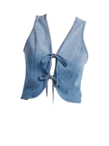 Chaleco vaquero halter para mujer con lazo frontal, estilo casual, corto, de color liso y lavado. - Product Image 2