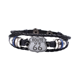 Pulseras de Aleación Retro Europeas y Americanas 2026, Pulseras Tejidas <span class=keywords><strong>a</strong></span> Mano con Cuero Vacuno Estilo Ruta 66 de EE. UU. - Product Image 1
